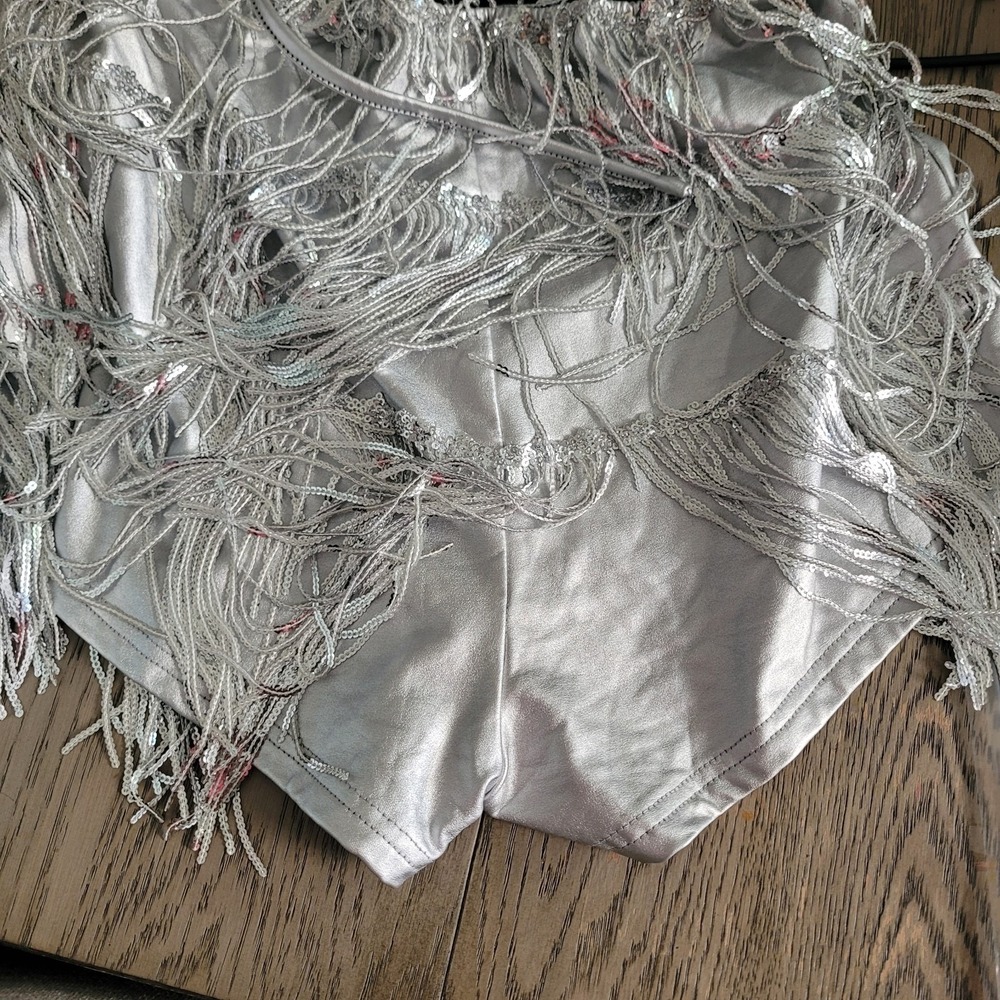 Silver Fringe Lace-Up Back Romper Women's Sz M Vegas Party Go-Go Burlesque Eras - Picture 8 of 13